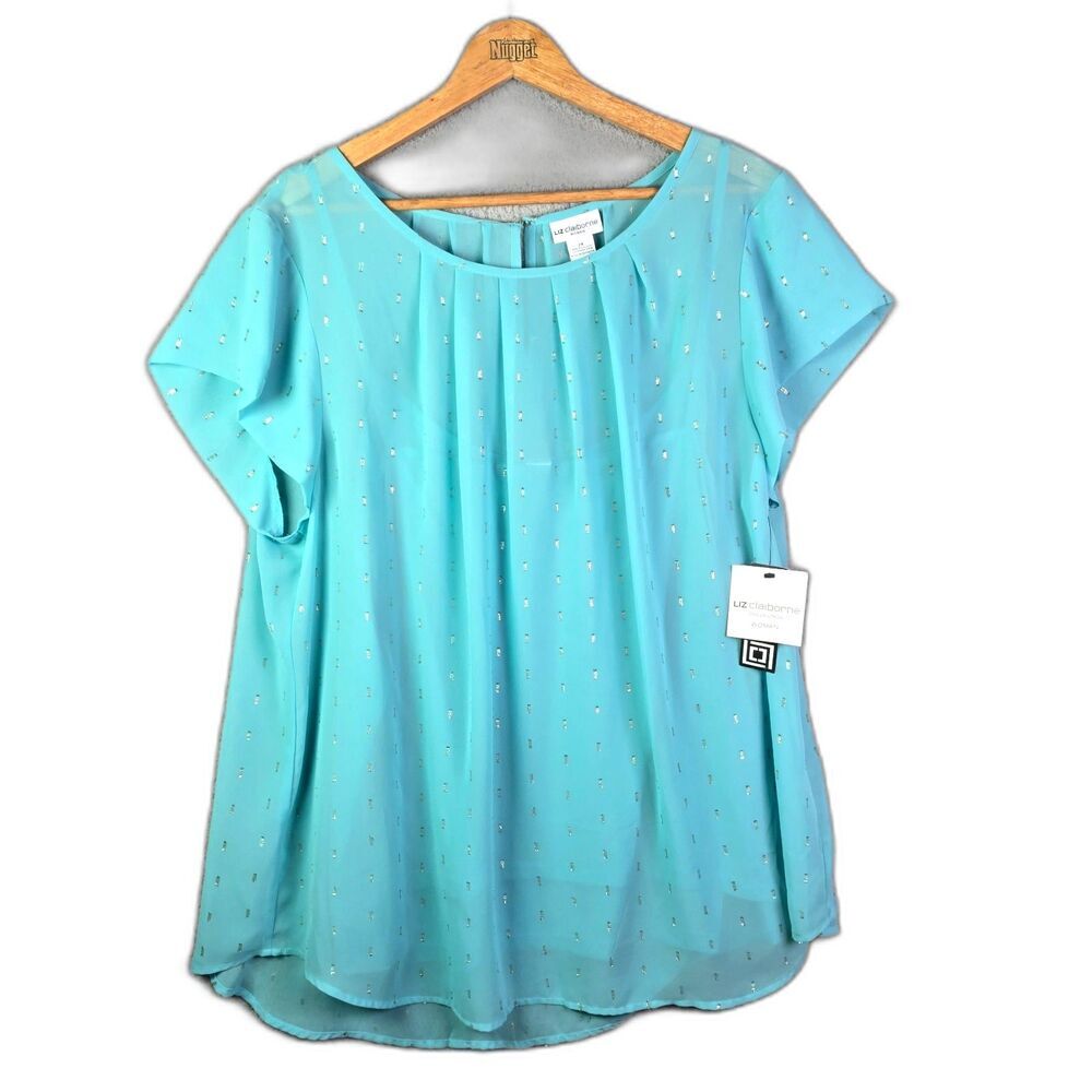 Liz Claiborne Aqua Blue Short Sleeve Blouse with Metallic Dot Detail